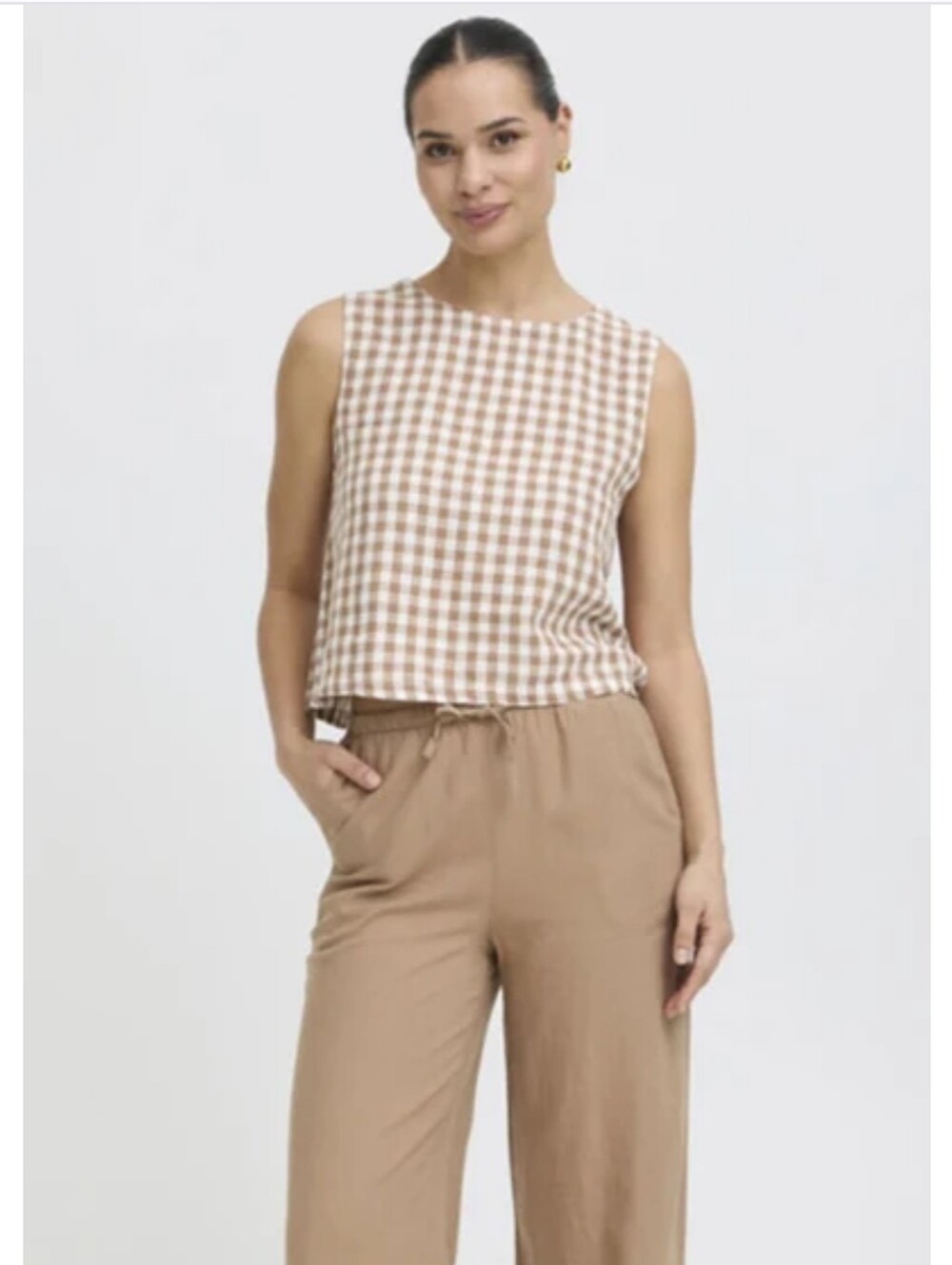 NWT b.young Byfalakka Gingham Linen Top Button Back Tank Brown Cream 38 S M